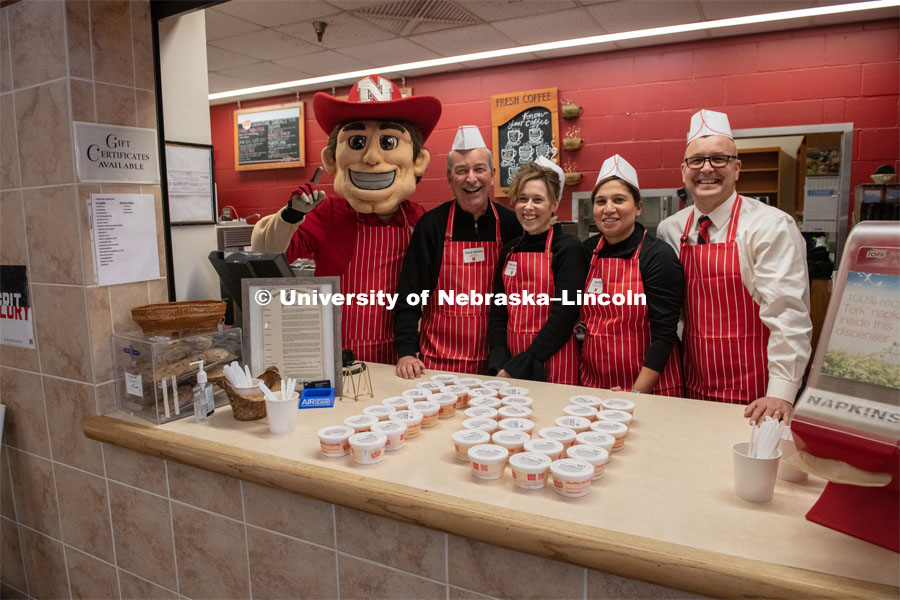The East Campus Administration served up Nifty 150 ice cream as part of the N150's Charter Week celebration open house at the Dairy Store. February 15, 2019. Photo by Gregory Nathan / University Communication.